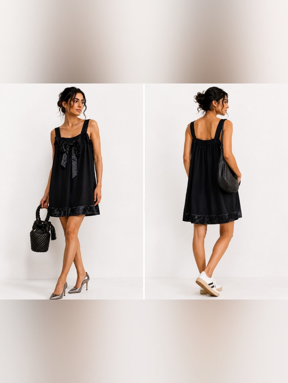 NWT Love Stitch Satin Trim Bow Strap Mini Dress Black LBD